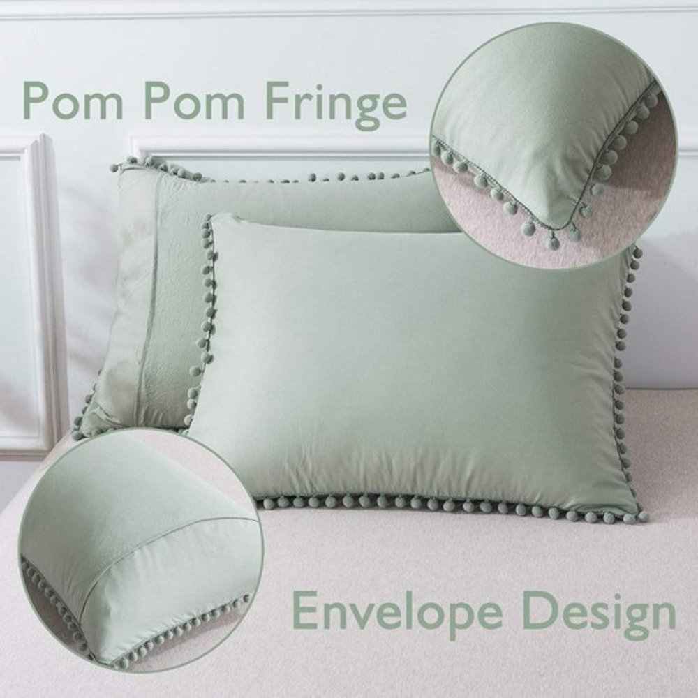 UO 3 Pieces Queen Green Pom Pom Fringe Duvet Cover - Picture 5 of 9